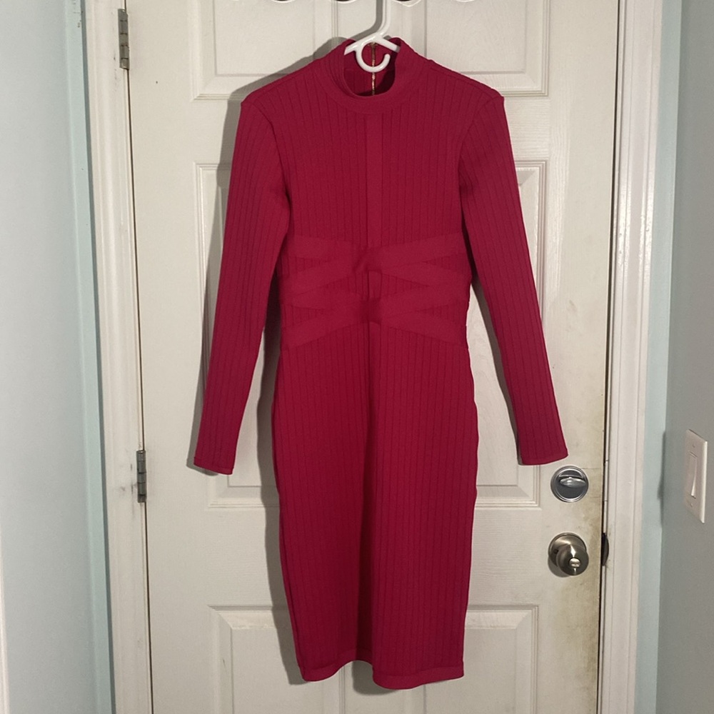 Fuschia Pink Bodicon Long Sleeve Midi